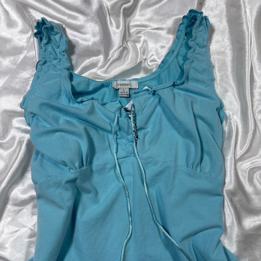 y2k Tank Top Blue Dressbarn Lace Up Lettuce Trim Ribbed Strap Top - Picture 2 of 4